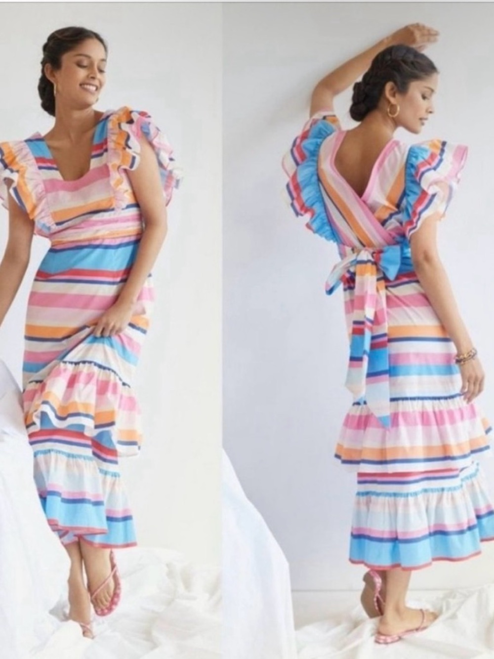 Plenty by Tracy Reese Pastel Multi-Stripe Ruffle Midi Dress